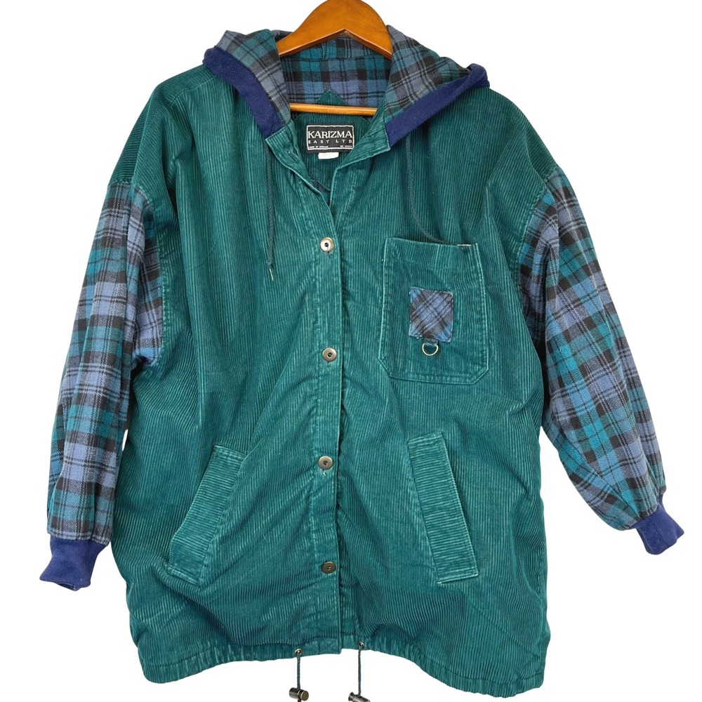 Karizma East Vintage Corduroy Hooded Jacket Y2K Grunge‎ Patchwork One Size
